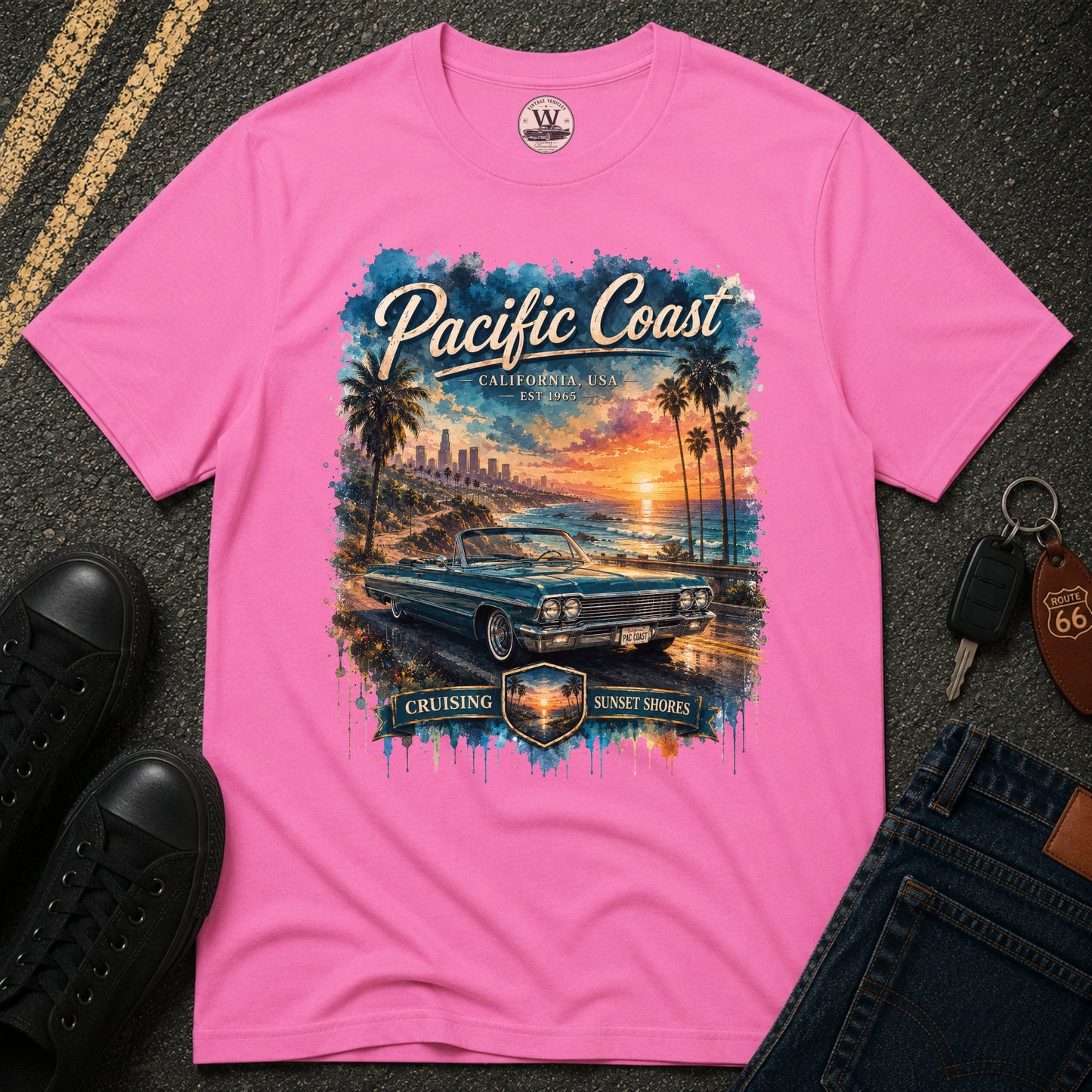 Pacific Coast Classic Car Sunset Tee