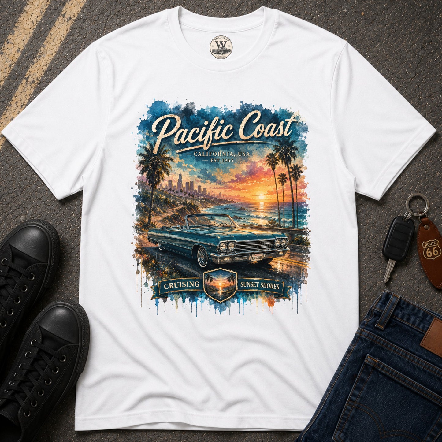 Pacific Coast Classic Car Sunset Tee