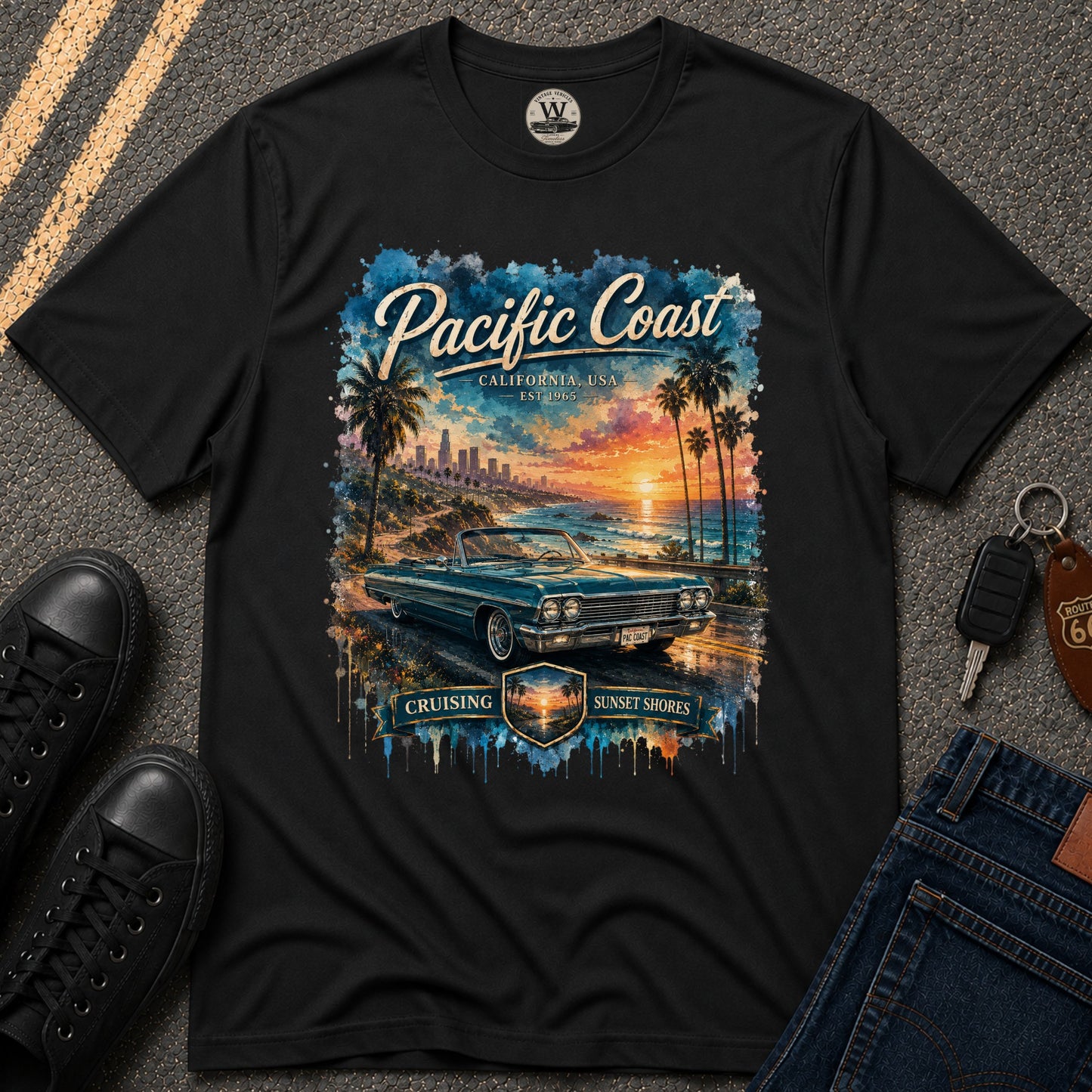 Pacific Coast Classic Car Sunset Tee