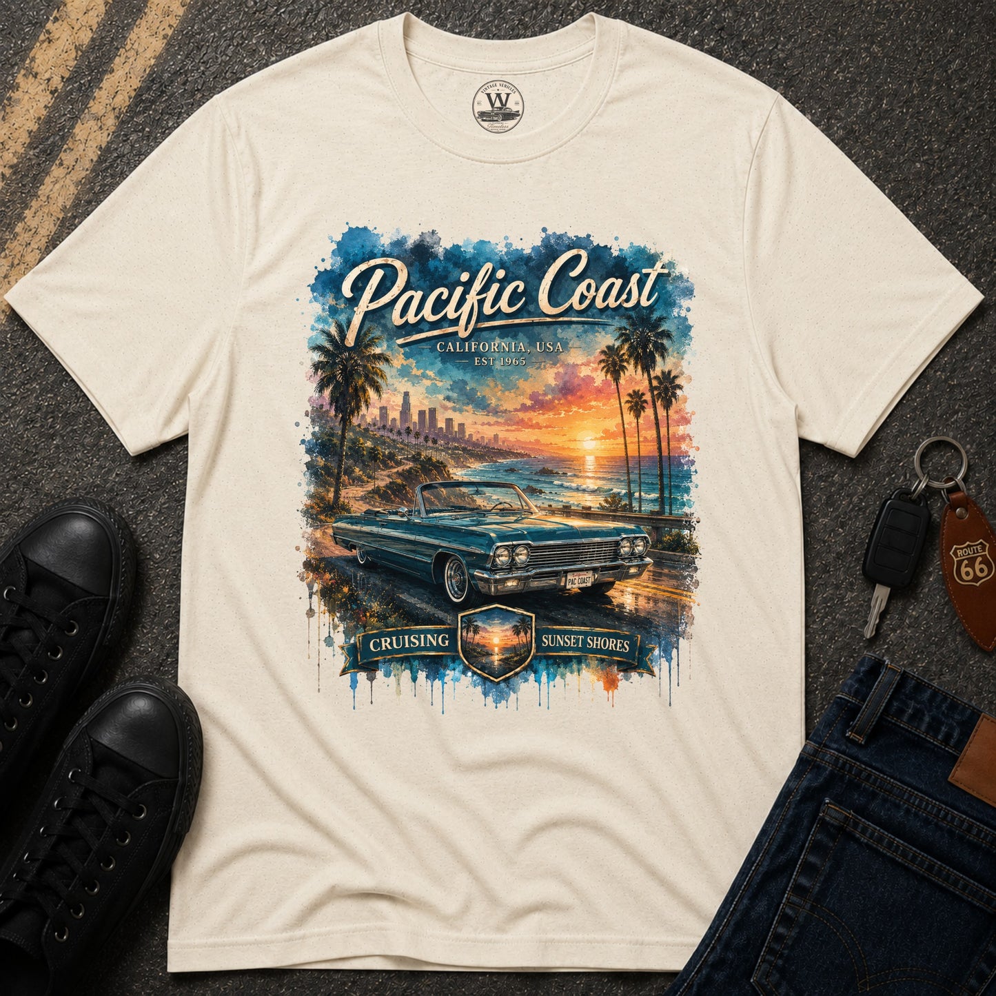 Pacific Coast Classic Car Sunset Tee