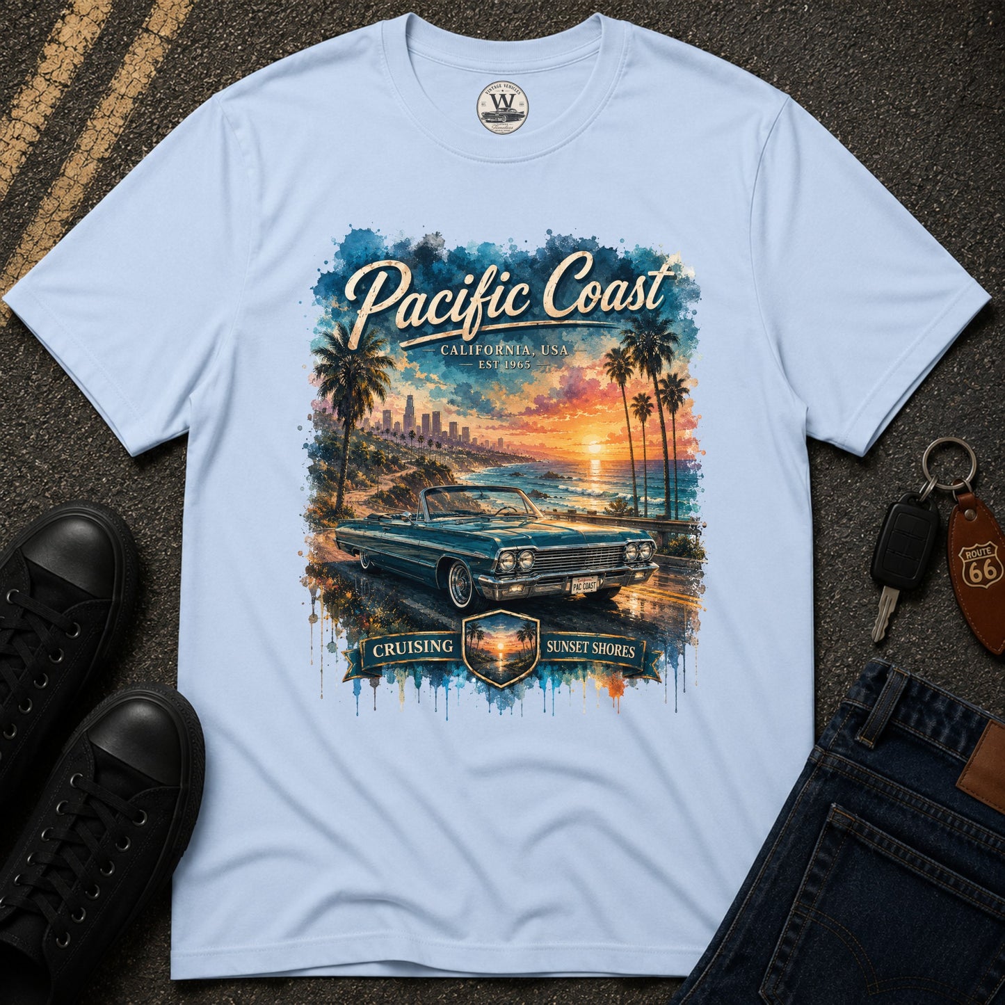 Pacific Coast Classic Car Sunset Tee