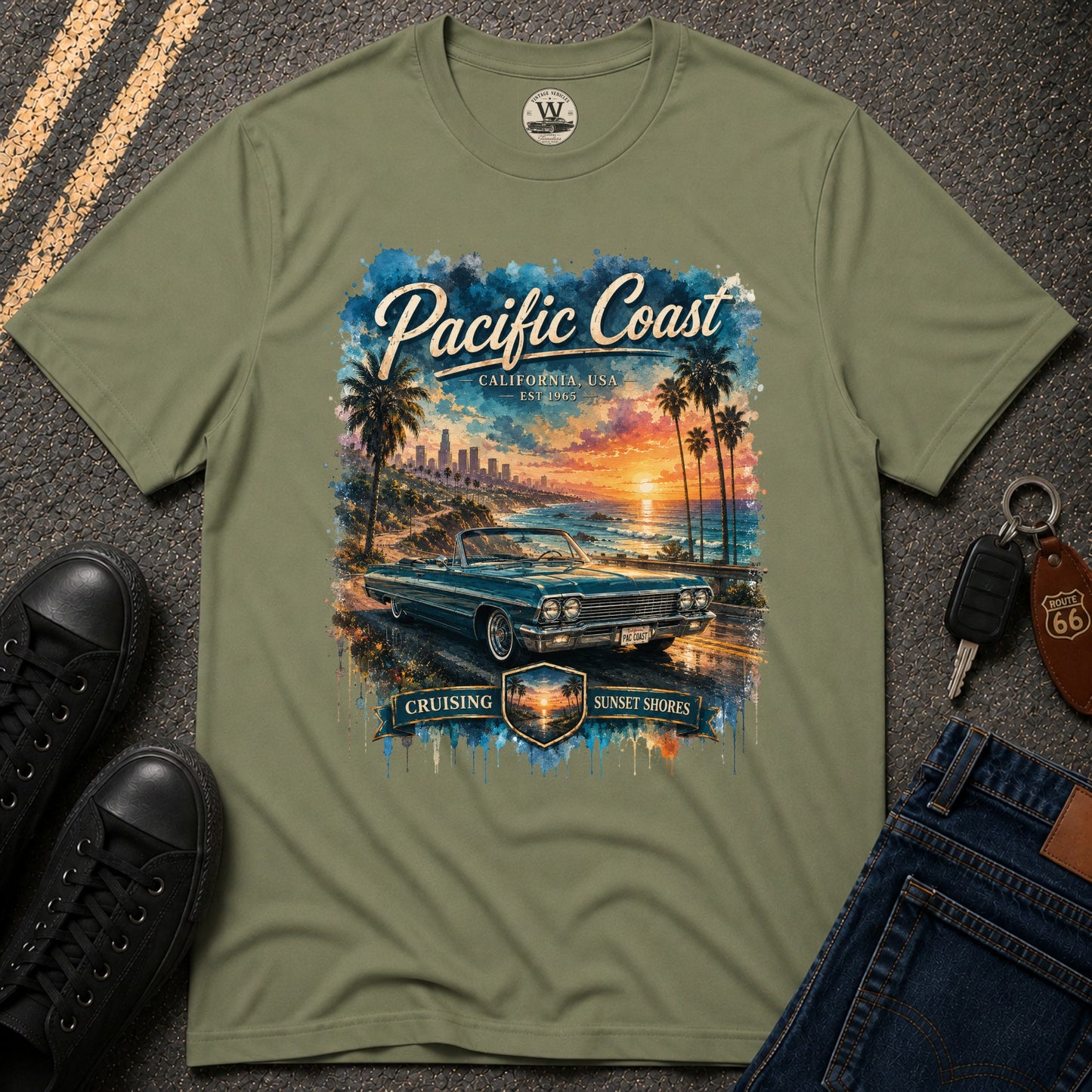 Pacific Coast Classic Car Sunset Tee