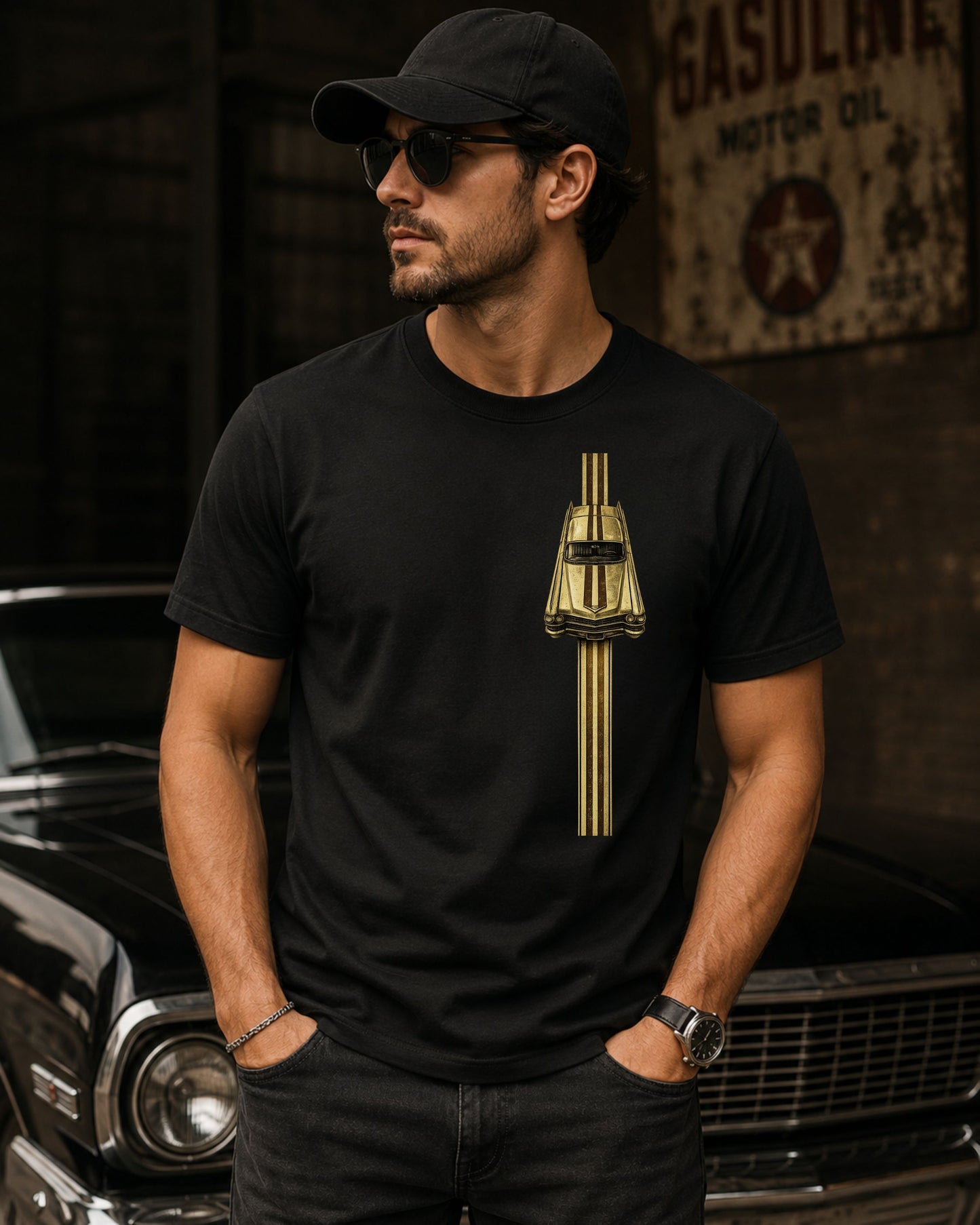 Gold Racer Stripe – Vintage Car Tee