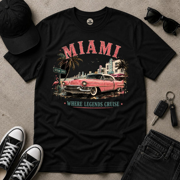 Miami Where Legends Cruise Vintage Car Tee